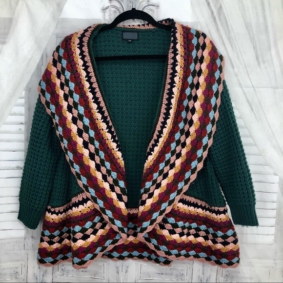80-90s Look Women's Small Medium S/M Green Grandma Blanket Crochet Cardigan - Picture 1 of 11